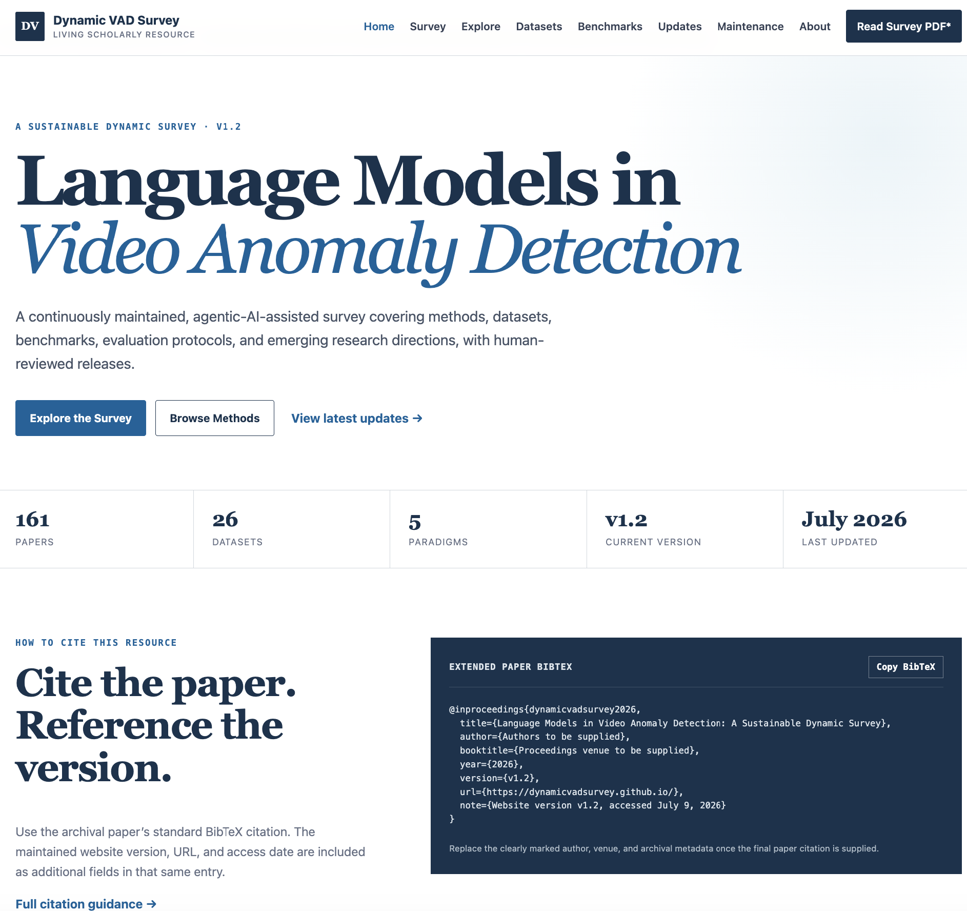 FIGURE 7. Public web interface of the dynamic LM-based VAD survey. The website provides access to the latest maintained release, archived versions, citation information, version records, and changes introduced across updates.